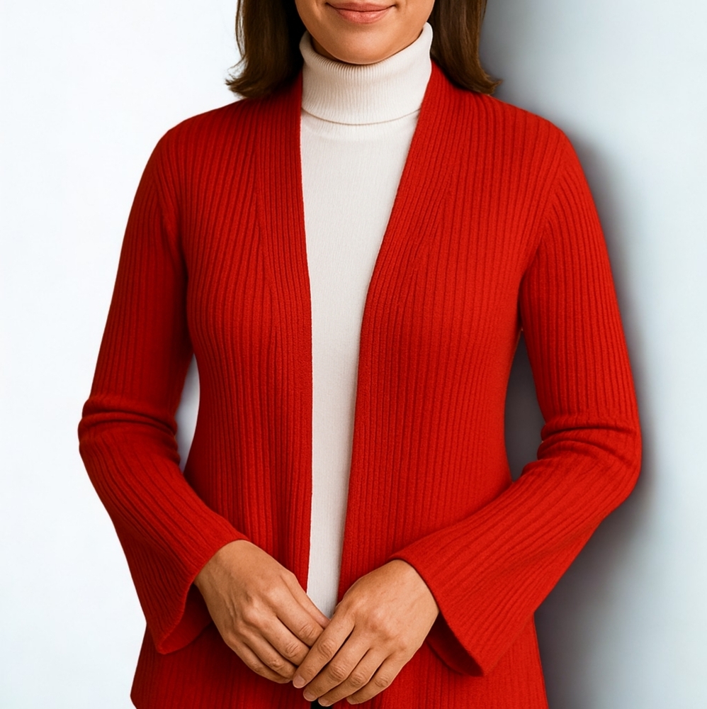 Ava Burnt Orange Ribbed Open‎ Front Cardigan/Cozy Chiccore Knit Sweater-  Size M